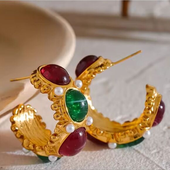 New ANTHRO 18k Gold C French Hoops with Red and Green Gems, Faux Pearls - Picture 3 of 12